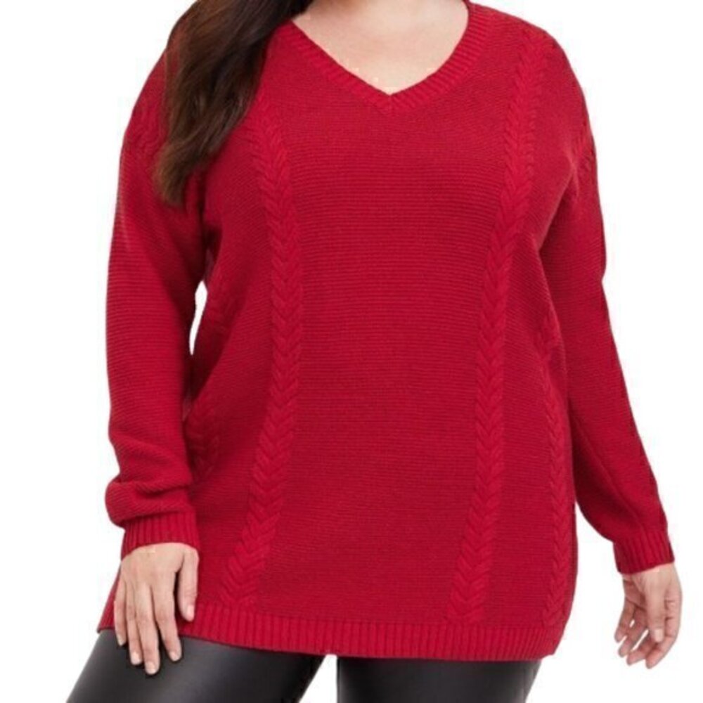 [Torrid] Red Cable Knit V-neck Ribbed Trim Sweater - Size 0